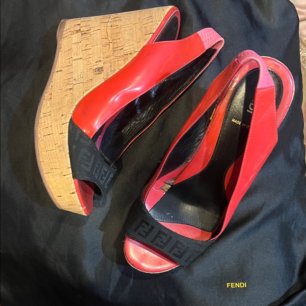 Fendi Red and Black Wedge Sandals